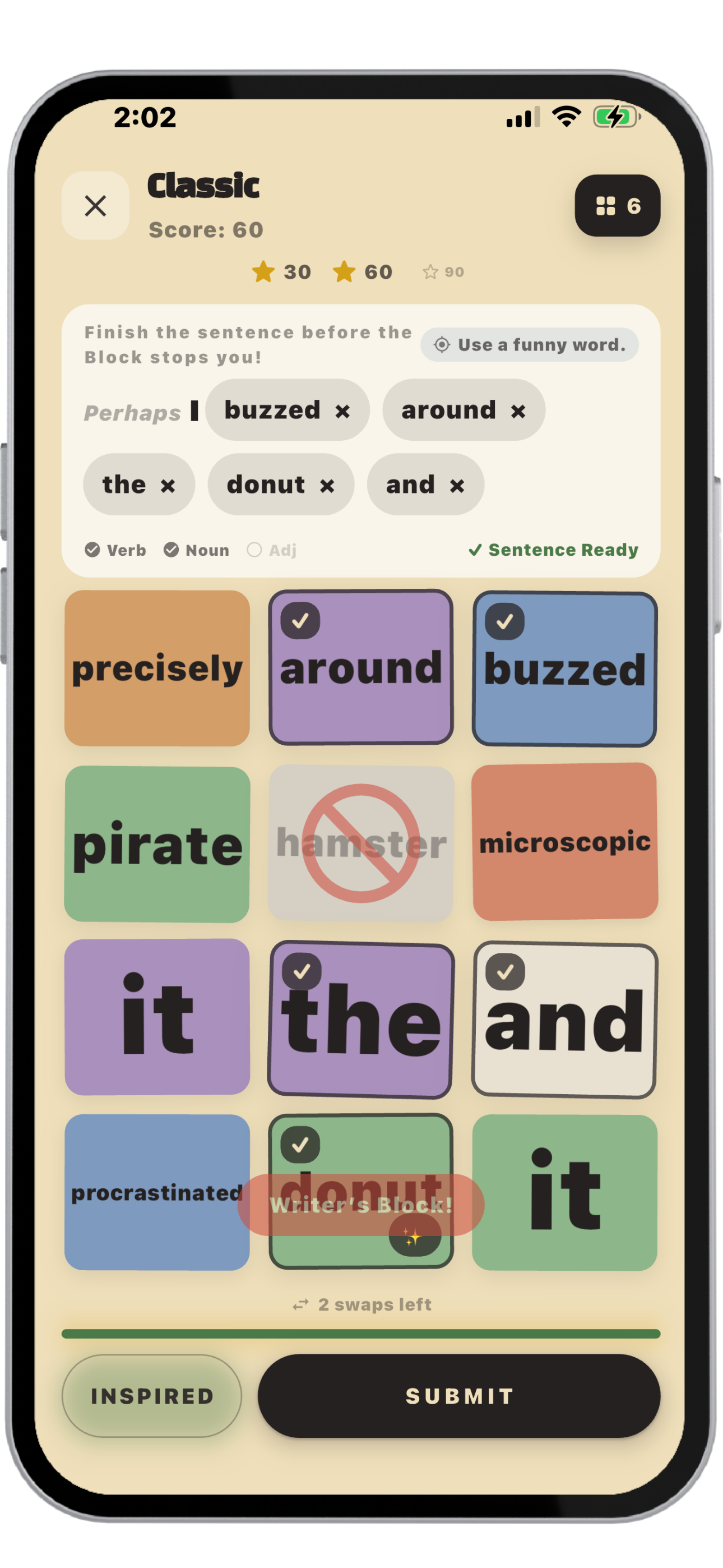 An actual Classic round shown inside an iPhone, with the four-row, three-column word grid and Writer's Block locking the hamster tile