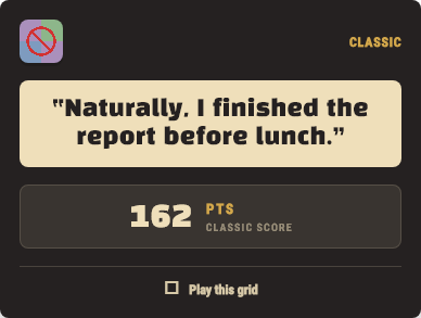 A real Writer's Block Classic result card with a sentence, score, and play this grid invitation